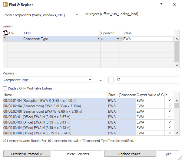 “Search & Replace” dialog in LINEAR Building