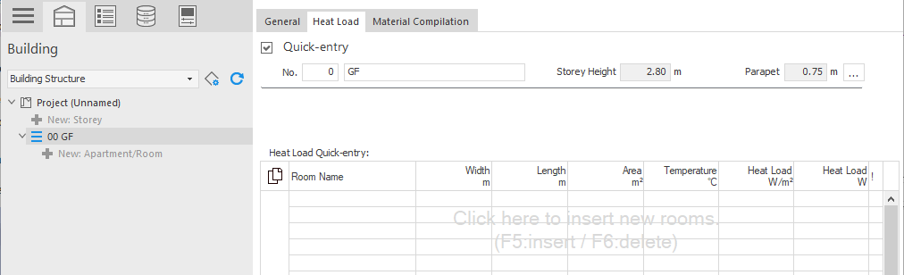 Area for Quick Heat Load Input in LINEAR Building