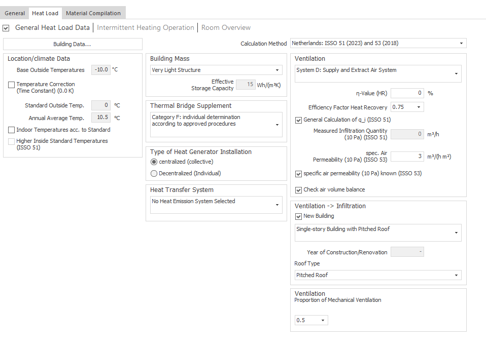 Section "General Heating Load Data" of the calculation method "ISSO 51 and 53" in LINEAR Building