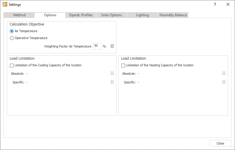 Options tab in the Dynamic Cooling Load settings LINEAR Building
