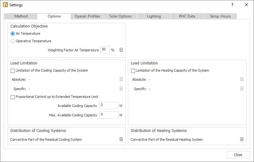 Options tab in the Dynamic Cooling Load settings LINEAR Building