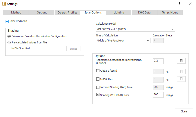 Settings solar options Linear Building