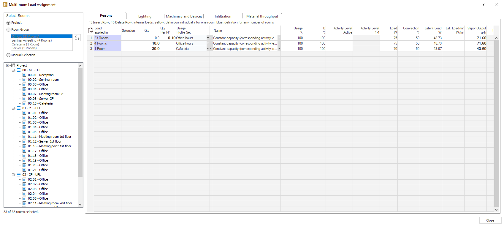 Dialog cross-room load assignment Linear Building