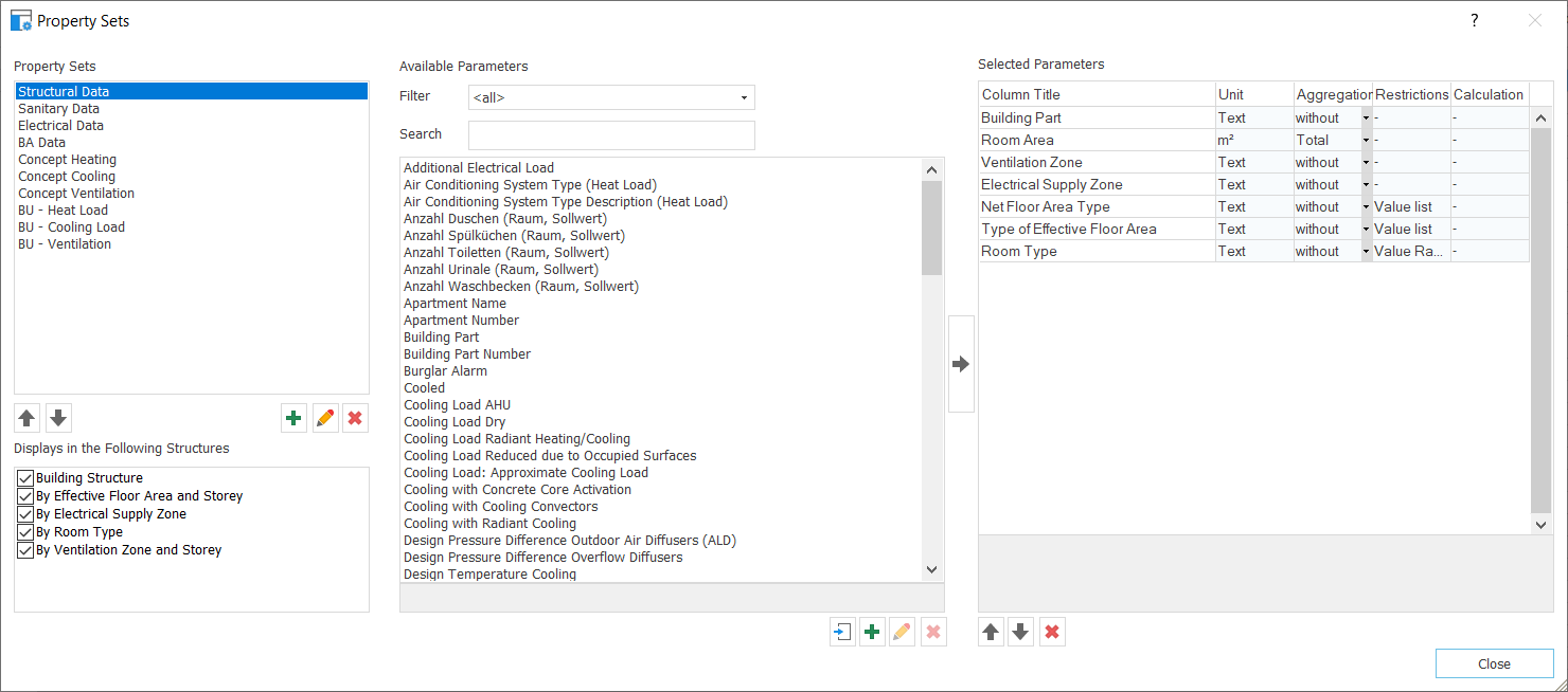 Dialog Property Sets of the Room Data Sheet module in LINEAR Building