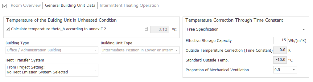 Area "General Building Unit Data" of the calculation method "ISSO 51 and 53" in LINEAR Building