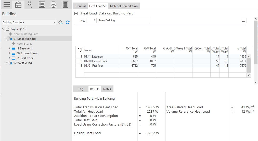 Section "Heat Load Data for: Building part” in. LINEAR Building