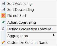 Context menu of the column headers in the room data sheet views in LINEAR Building