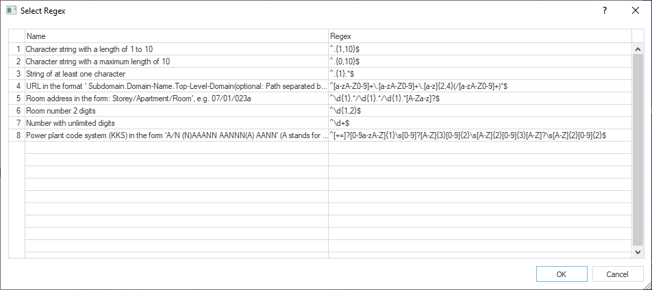 Dialog "Select Regex" in LINEAR Building