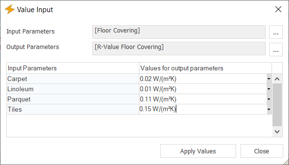 Value input dialog box of the room data sheet module in LINEAR Building