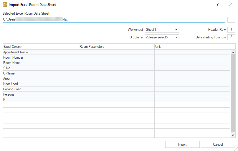Dialog "Import Excel Room Data Sheet” in LINEAR Building