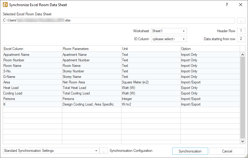 Dialog "Excel Room Data Sheet Synchronization” in LINEAR Building