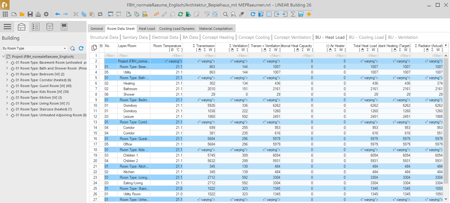 Areas of the room data sheet module in LINEAR Building