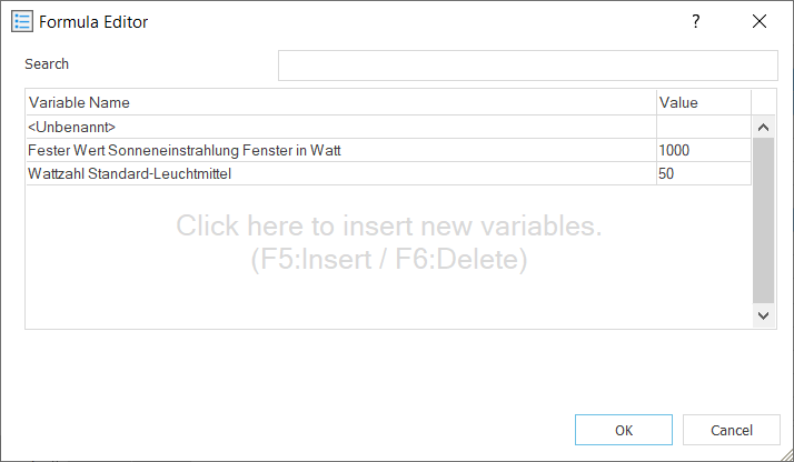 Dialog Formula Editor of the Room Data Sheet module in LINEAR Building