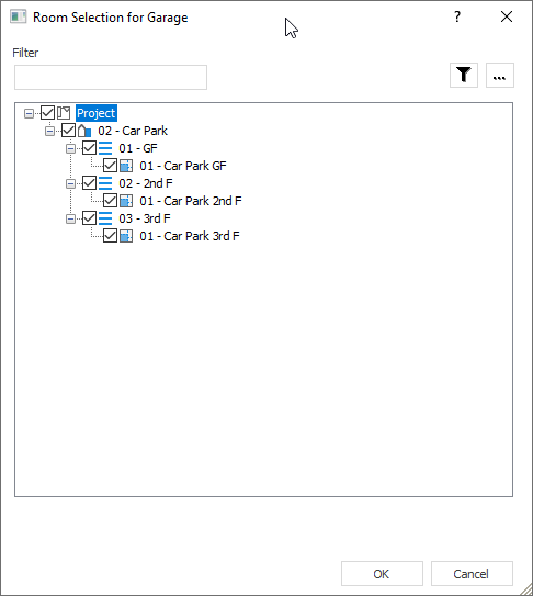 Dialog “Room selection for car park” of the Ventilation module in LINEAR Building
