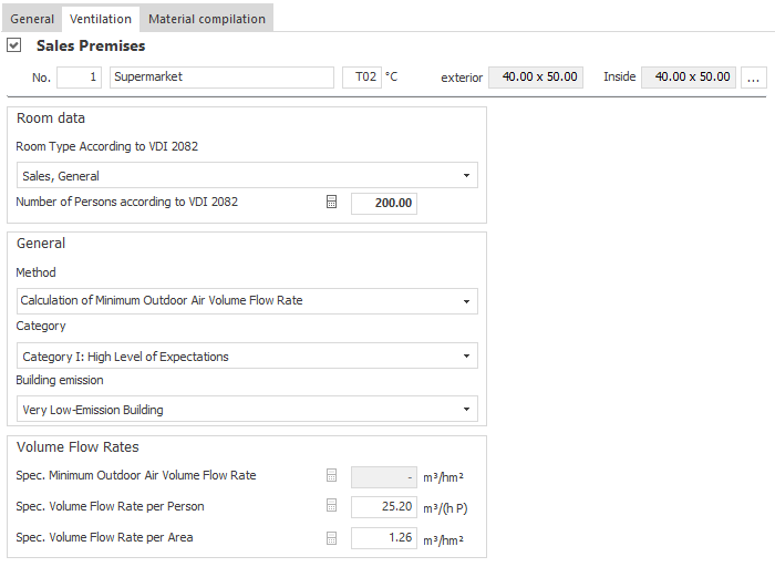 “Sales Premises” area of the ventilation air volumes module in LINEAR Building.