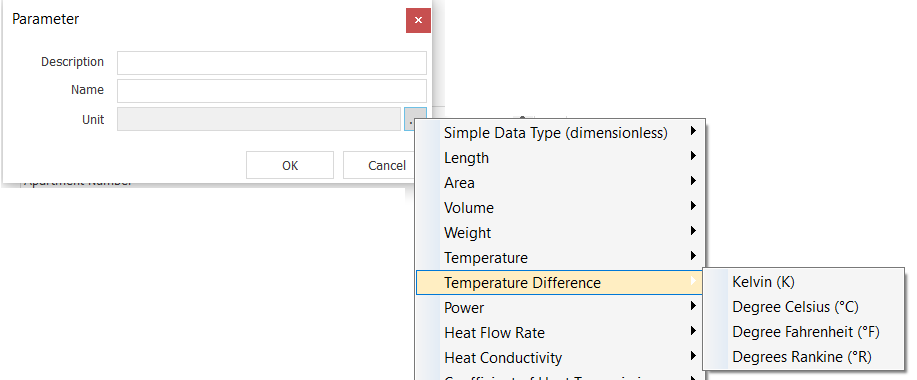 Context menu of the Parameter dialog