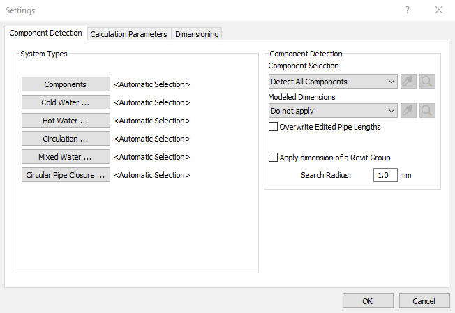 Dialog Settings Potable Water in the LINEAR Solutions for Autodesk Revit