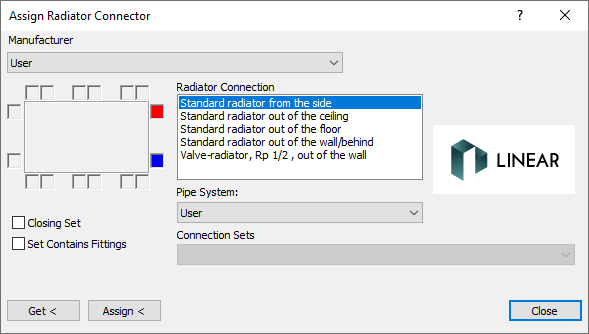 Dialog radiator connection Linear Revit