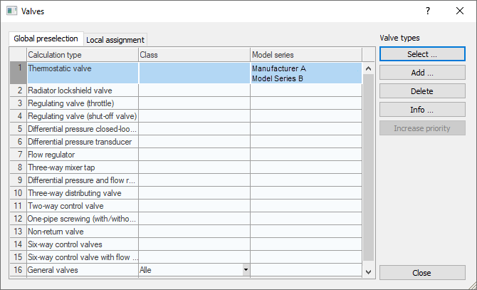 Valves select dialog Linear Revit