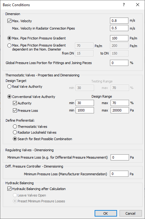 Basic conditions dialog Linear Analyse