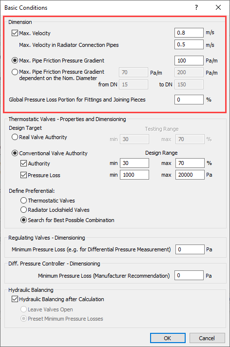 Basic conditions dialog Linear Analyse