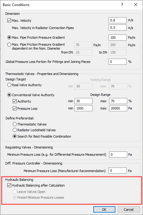 Basic conditions dialog Linear Analyse