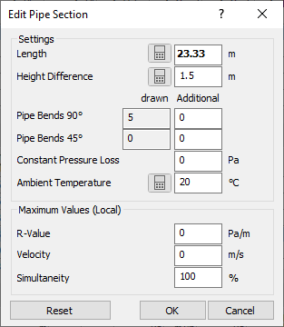 Pipe section dialog Linear Analyse