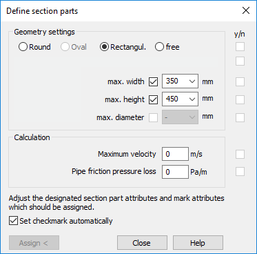 Define duct sections Linear Revit