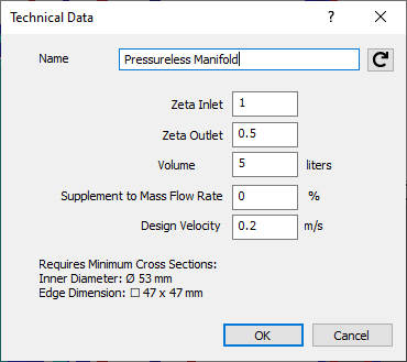 Dialog “Technical Data” for hydraulic separators and non-pressurized manifolds in the LINEAR Solutions for Autodesk Revit