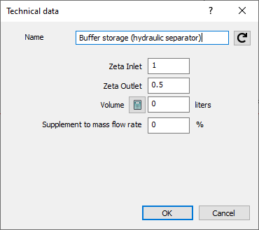 Dialog “Technical data” of a buffer storage tank (hydraulic separator) in the LINEAR Solutionsfor Autodesk Revit