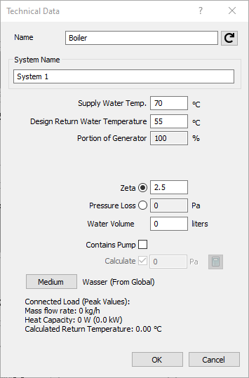 Dialog Technical data of heat generators (incl. solar collectors) and cooling generators LINEAR Analysis Revit