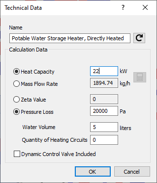 Dialog "Technical Data "of Water Heater - LINEAR Solutions