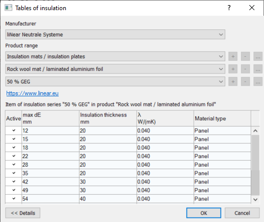 Dialog tables of insulation Linear Revit