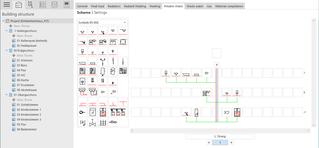 Schema area of the module "Potable Water Schema" in LINEAR Building