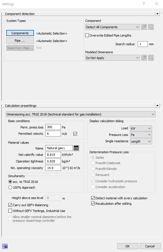 Dialog Settings for calculation Gas in the LINEAR Solutions for Autodesk Revit