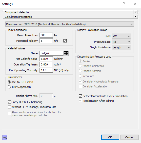 Dialog Settings for Gas in the LINEAR Solutions for Autodesk Revit