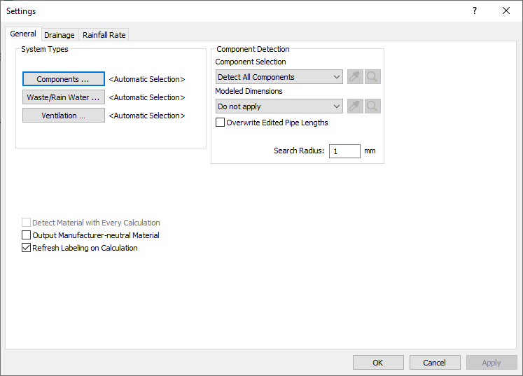 Dialog Settings for Waste Water in the LINEAR Solutions for Autodesk Revit