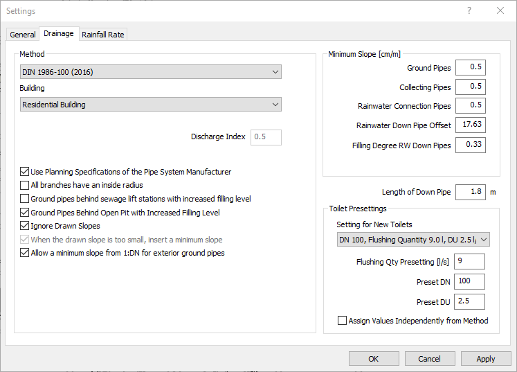 Dialog Settings Potable Water in the LINEAR Solutions for Autodesk Revit