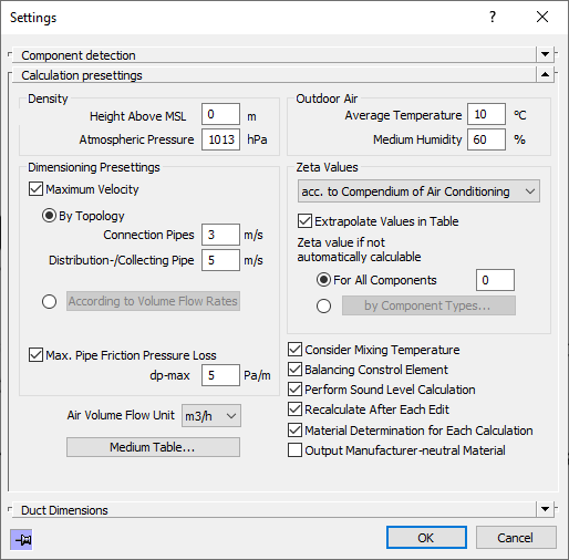 Calculation Presettings section in the Ventilation settings of the LINEAR Solutions for Autodesk Revit