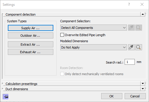 Dialog Settings for Ventilation in the LINEAR Solutions for Autodesk Revit