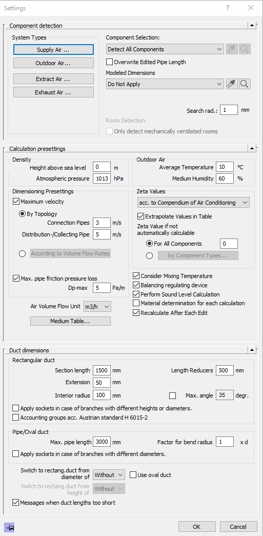 Dialog Settings for calculation Gas in the LINEAR Solutions for Autodesk AutoCAD