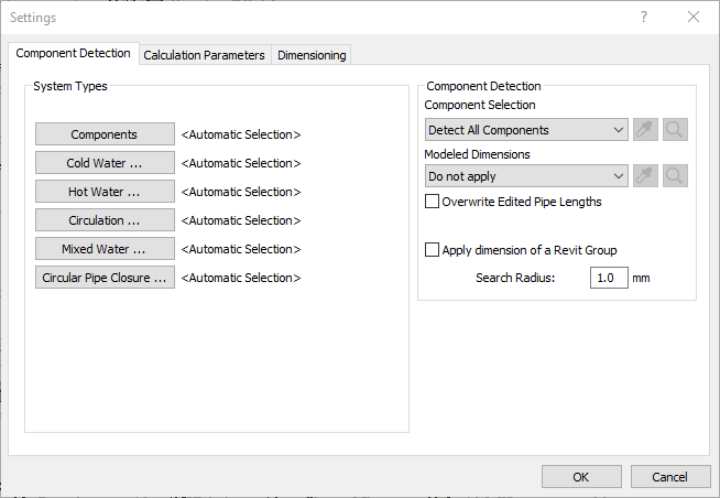Component Detection Tab in the LINEAR Settings for Potable Water in Autodesk Revit