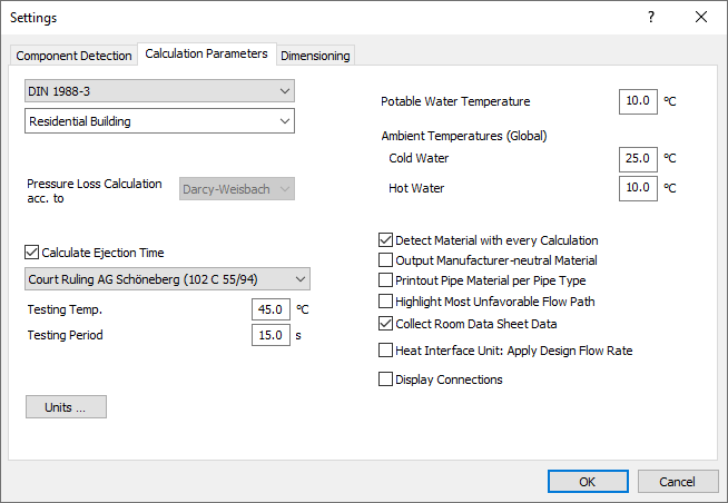 Calculation parameters tab in the settings for drinking water in the LINEAR Solutions for Autodesk Revit