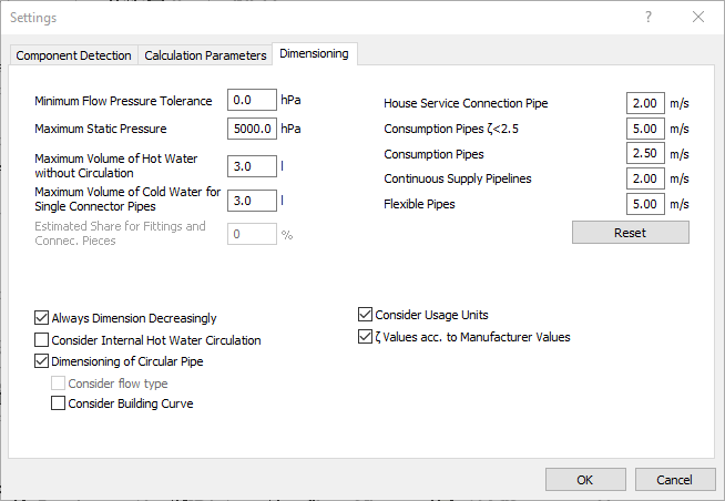 Dimensioning tab in the Settings for Potable Water in the LINEAR Solutions for Autodesk Revit