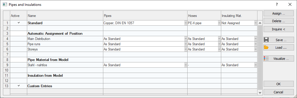 Pipe insulation dialog Linear