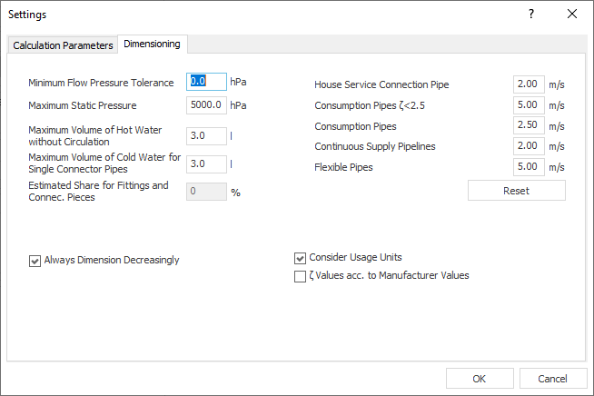 Tab Dimensioning in the Settings dialog of the "Potable Water Scheme" module in LINEAR Building