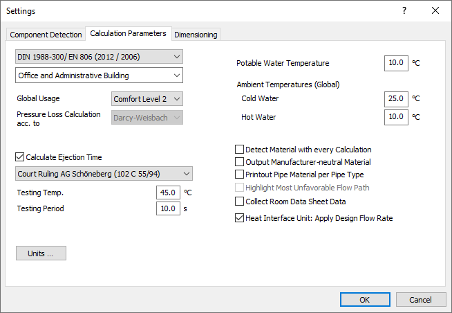 Calculation Parameters tab in the Settings dialog of the “Potable Water Schema” module in LINEAR Building