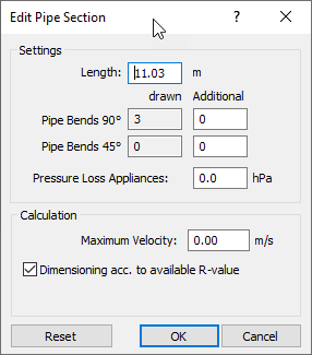 Dialog Edit Pipe/Duct Section" discipline Potable Water in the LINEAR Solutions for Autodesk Revit