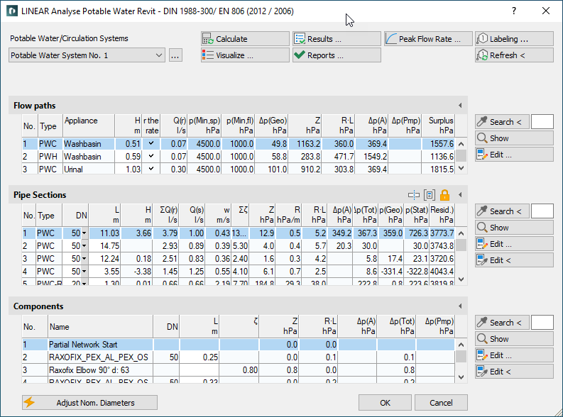 Calculation dialog of the discipline Potable Water in the LINEAR Solutions for Autodesk Revit
