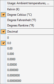 Context menu for defining the unit used and the number of decimal places for the ambient temperatures